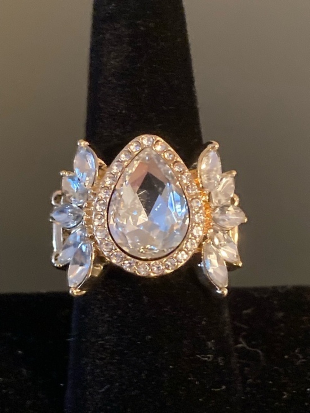 Clear Teardrop Crystal Statement Ring in Gold - Picture 1 of 3